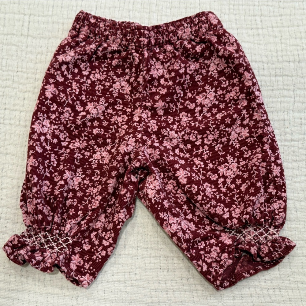 Jacadi Burgundy and Pink Floral Corduroy Pants 3M Smocked